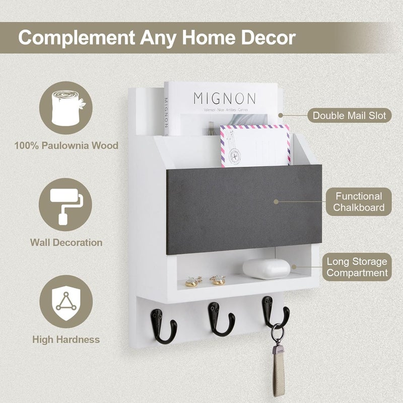 Lucundm Key and Mail Holder for Wall, Key Holder with Chalkboard and Long Storage Box, Key Hanger with 3 Sturdy Hooks for Coat, Dog Leash, Entryway Mail Organizer (White) - Image 3
